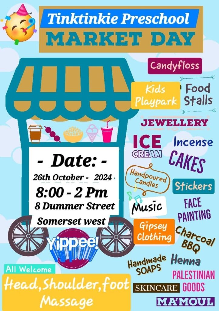 Colourful poster for Tinktinkie Preschool's Market Day on 26th October 2024, featuring a variety of activities and stalls including food, jewellery, face painting, and live music.